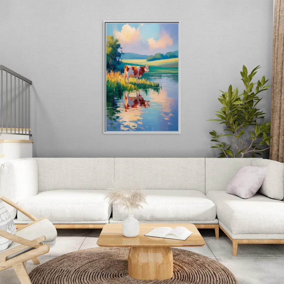 Reflective Cow by Water - Living Room White Frame Canvas