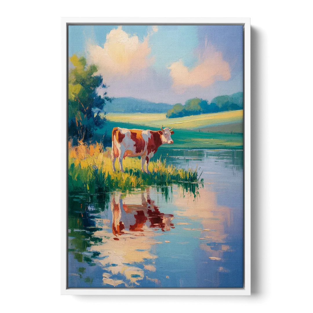 Reflective Cow by Water - White Frame Canvas