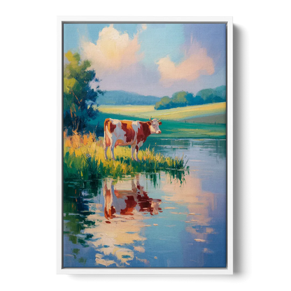 Reflective Cow by Water - White Frame Canvas