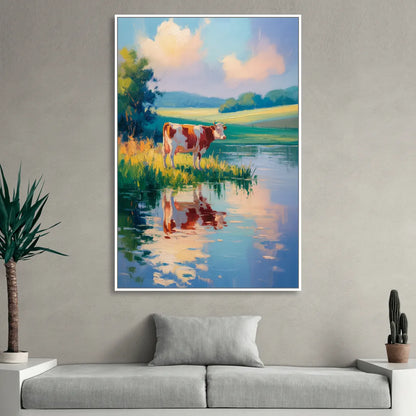 Reflective Cow by Water Sitting Room - White Canvas Wall Art
