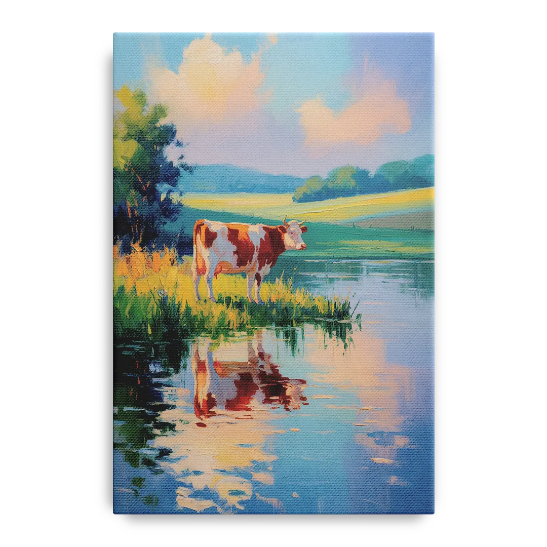 Reflective Cow by Water Front - Canvas Wall Art