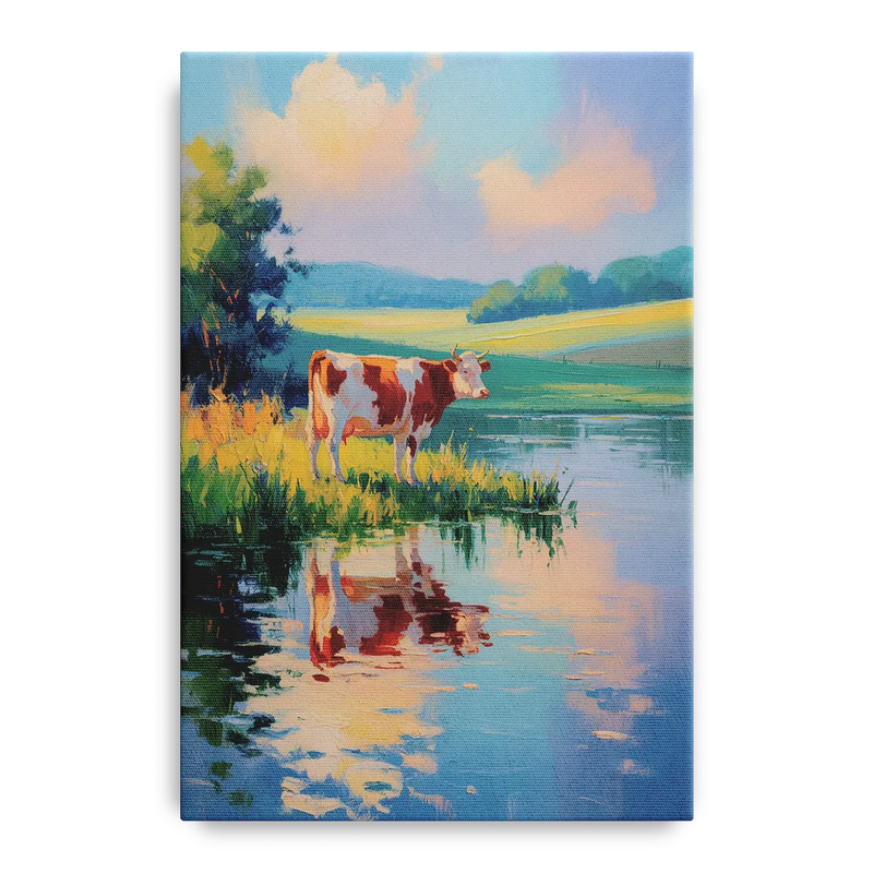 Reflective Cow by Water Front - Canvas Wall Art