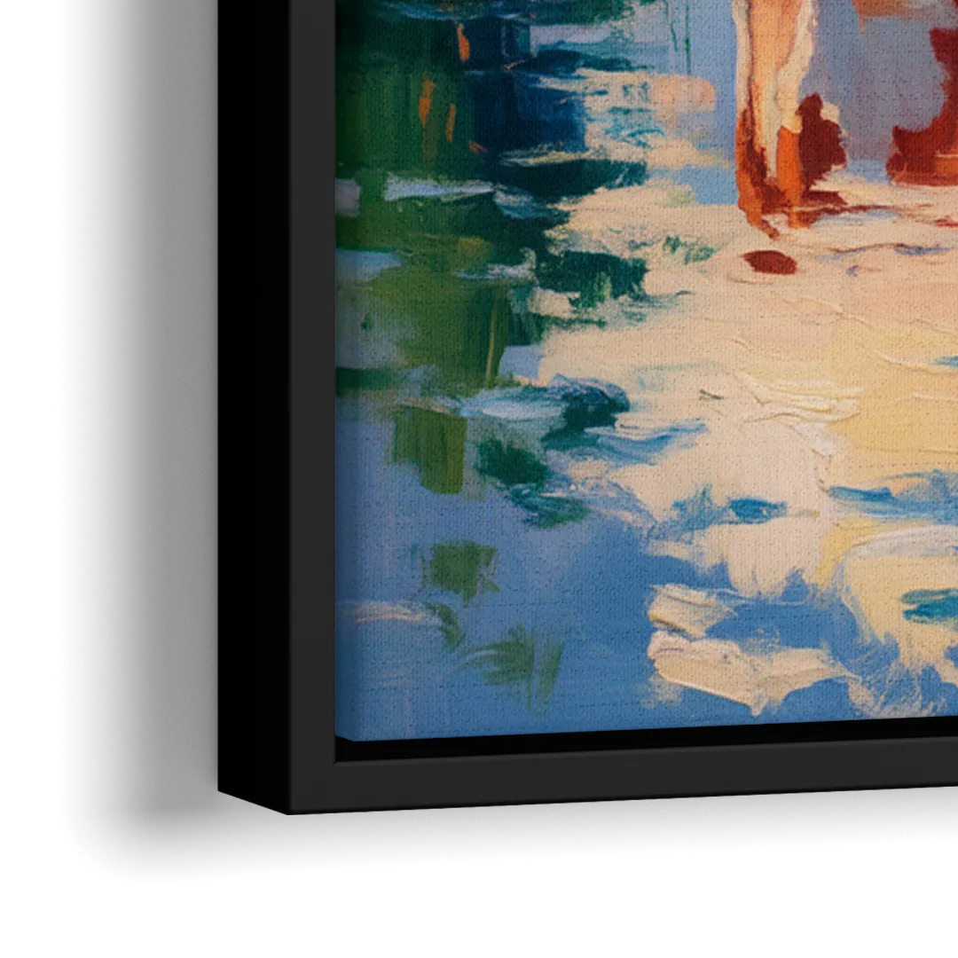 Reflective Cow by Water - Close-Up Black Frame Canvas