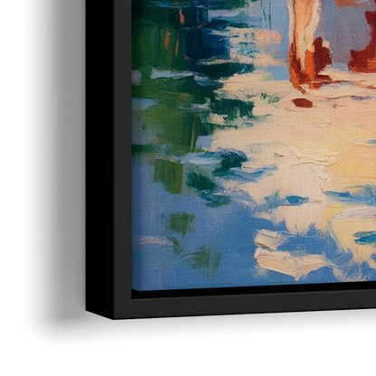Reflective Cow by Water - Close-Up Black Frame Canvas