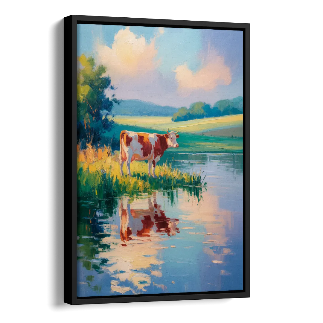 Reflective Cow by Water Side - Black Canvas Wall Art