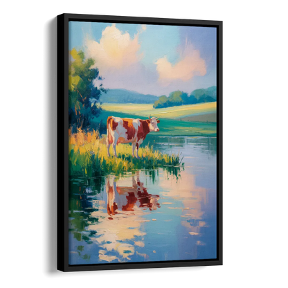Reflective Cow by Water Side - Black Canvas Wall Art