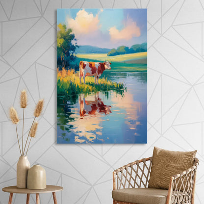 Reflective Cow by Water Sitting Room - Canvas Wall Art