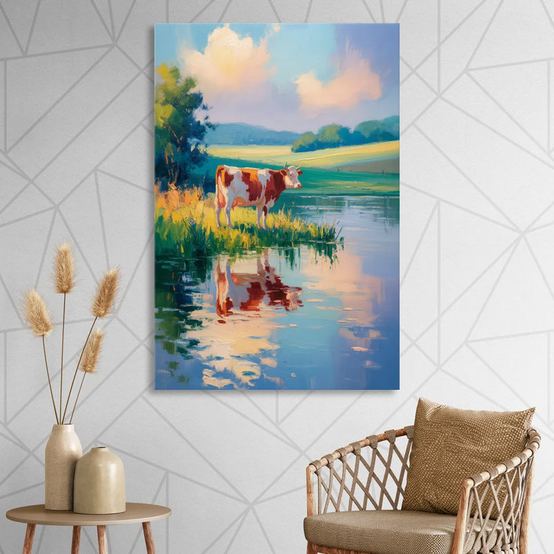 Reflective Cow by Water Sitting Room - Canvas Wall Art