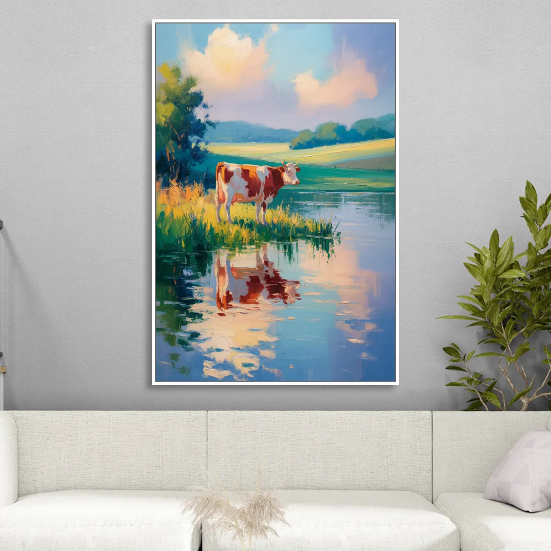 Reflective Cow by Water Living Room - White Canvas Wall Art