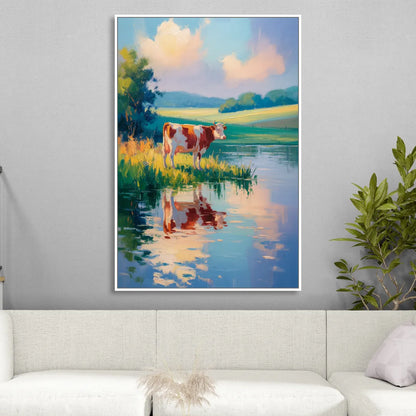 Reflective Cow by Water Living Room - White Canvas Wall Art