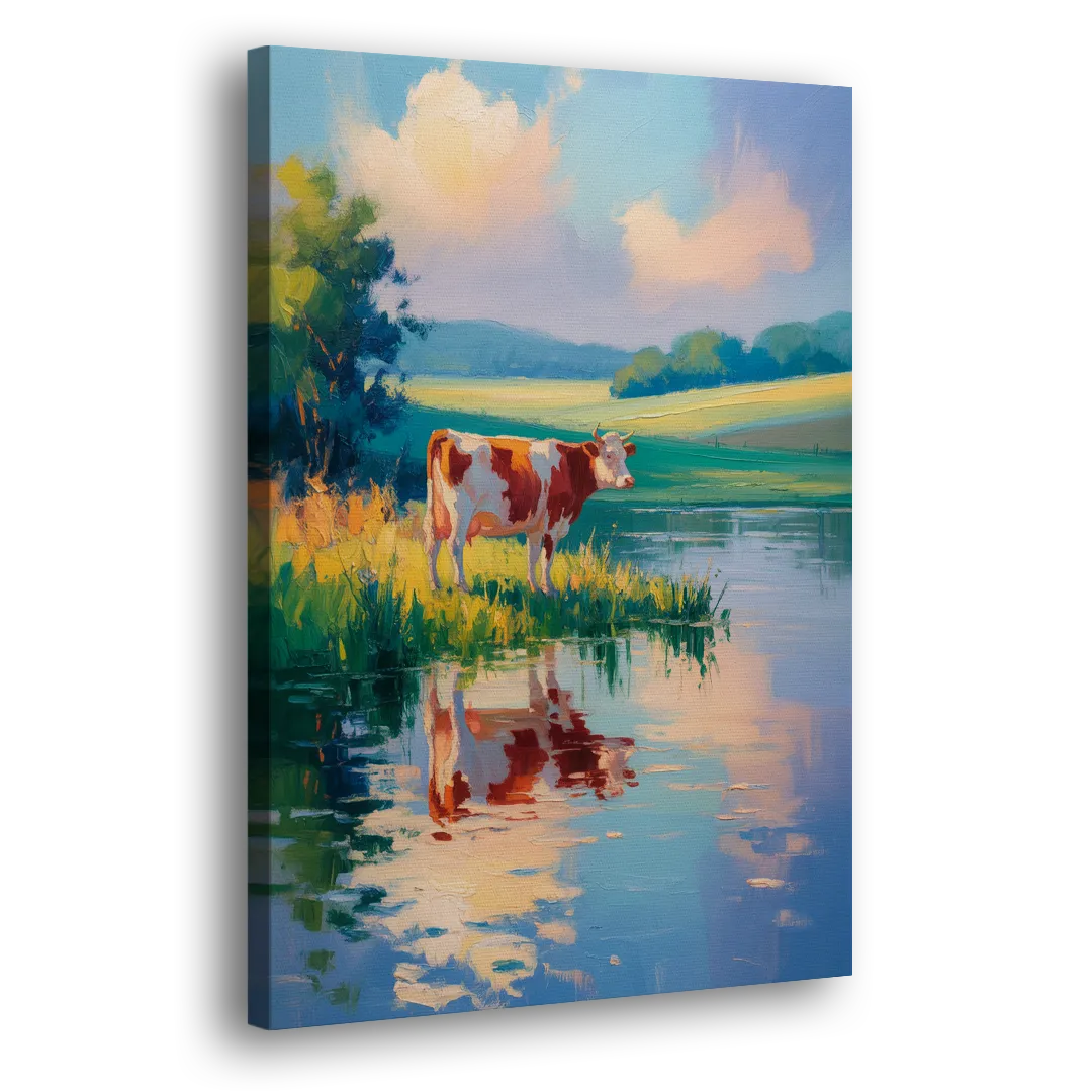 Reflective Cow by Water Side - Canvas Wall Art