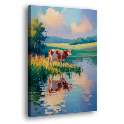 Reflective Cow by Water Side - Canvas Wall Art