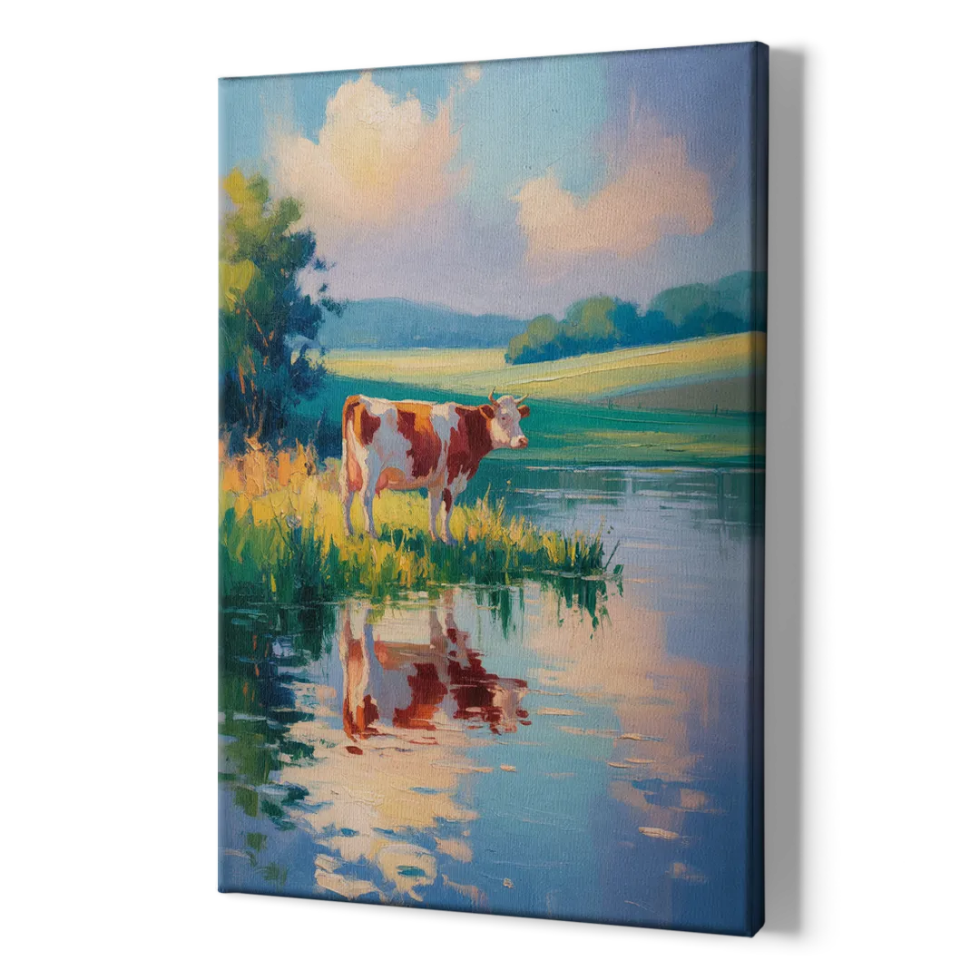 Reflective Cow by Water - Canvas Print Art Sides
