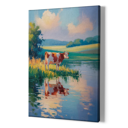 Reflective Cow by Water - Canvas Print Art Sides