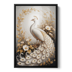 Regal Peacock Splendor White and Gold - Black Framed Canvas Wall Art - Front