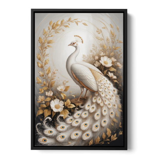 Regal Peacock Splendor White and Gold - Black Framed Canvas Wall Art - Front