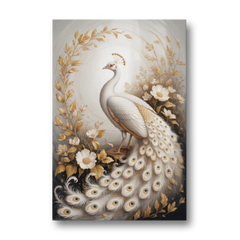 Regal Peacock Splendor White and Gold - Canvas Wall Art - Front