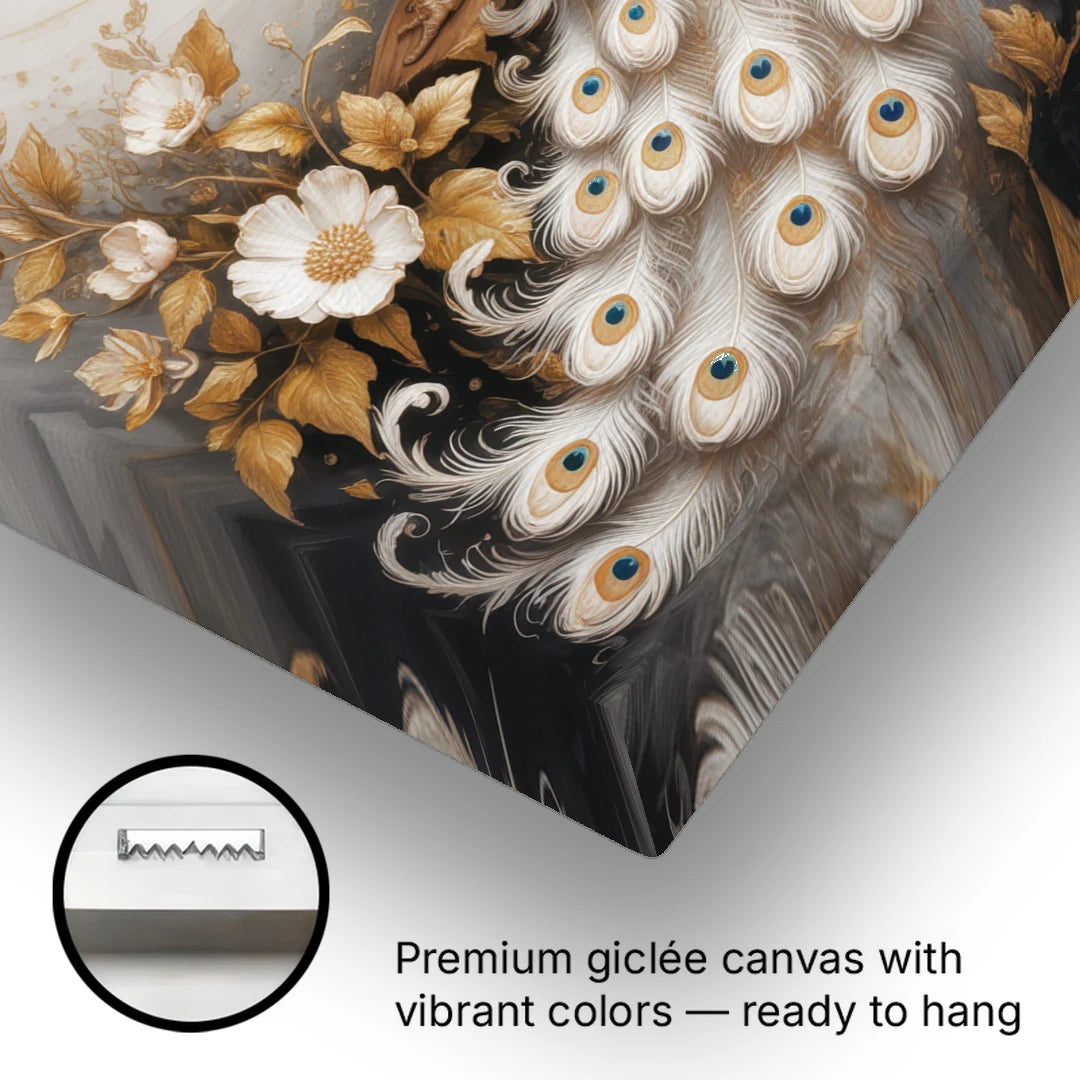 Regal Peacock Splendor White and Gold - Canvas Wall Art - Gallery Wrap Corner