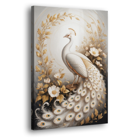 Regal Peacock Splendor White and Gold - Canvas Wall Art - Side