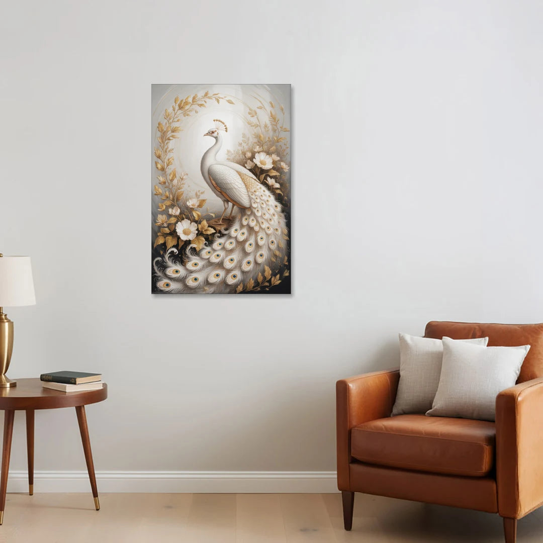 Regal Peacock Splendor White and Gold - Canvas Wall Art - Sofa - 24x36