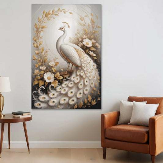 Regal Peacock Splendor White and Gold - Canvas Wall Art - Sofa - 40x60
