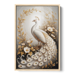 Regal Peacock Splendor White and Gold - Oak Framed Canvas Wall Art - Front