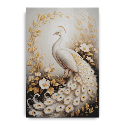 Regal Peacock Splendor White and Gold - Canvas Wall Art