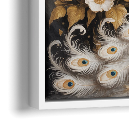 Regal Peacock Splendor White and Gold - Close-Up White Frame Canvas