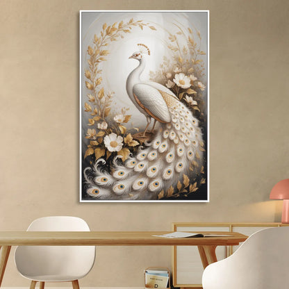 Regal Peacock Splendor White and Gold Sitting Room - White Canvas Wall Art