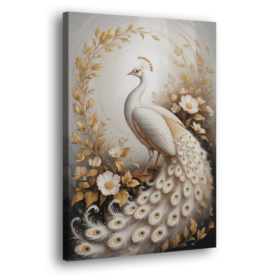 Regal Peacock Splendor White and Gold Side - Canvas Wall Art