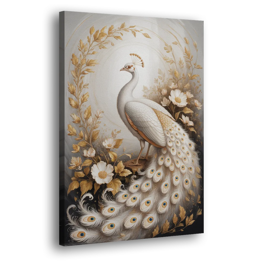 Regal Peacock Splendor White and Gold Side - Canvas Wall Art