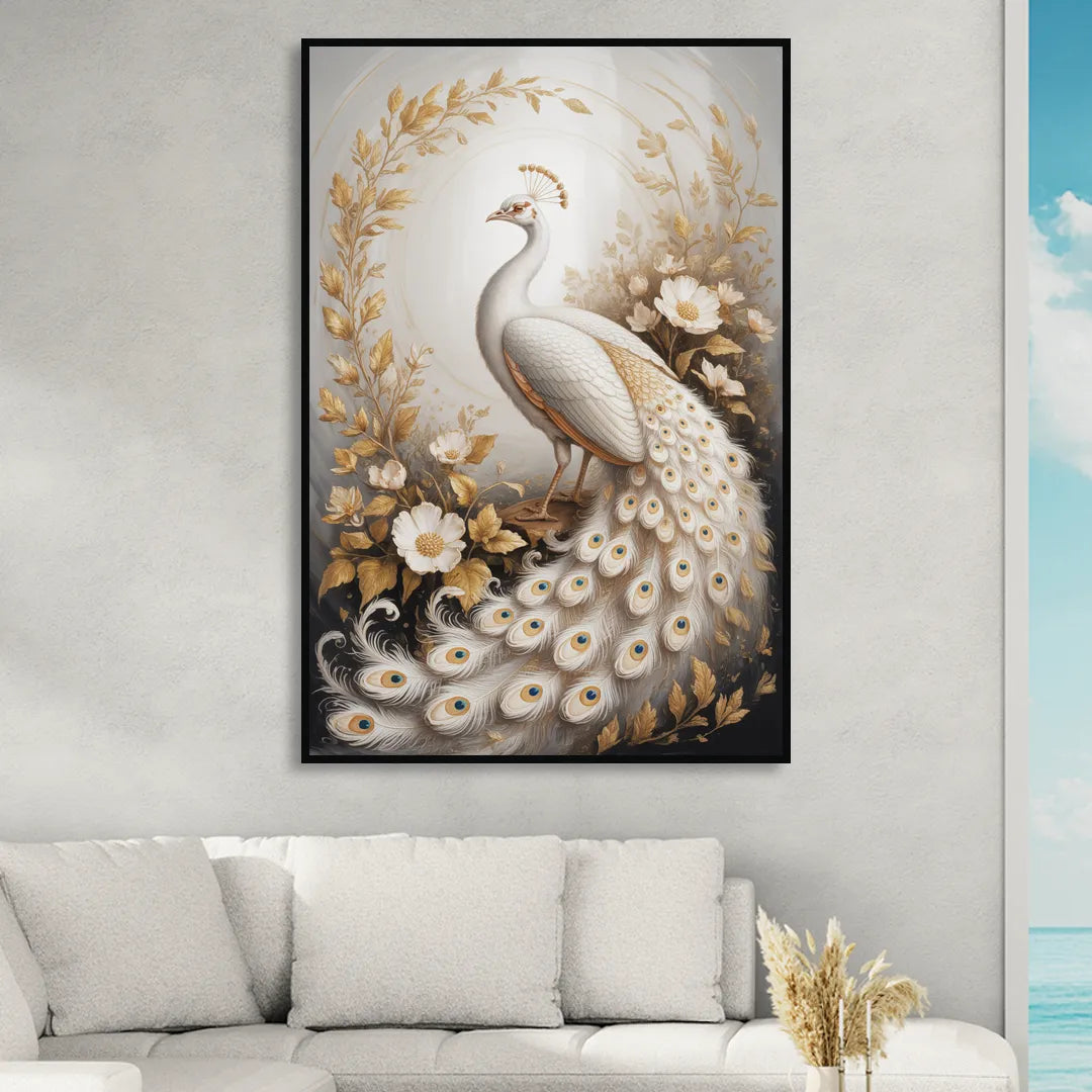 Regal Peacock Splendor White and Gold Sitting Room - Black Canvas Wall Art