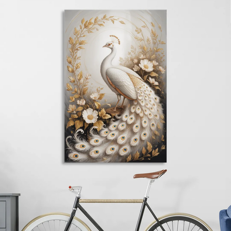 Regal Peacock Splendor White and Gold Sitting Room - Canvas Wall Art