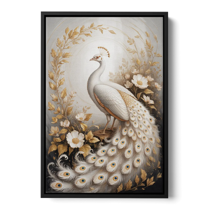 Regal Peacock Splendor White and Gold Front - Black Canvas Wall Art