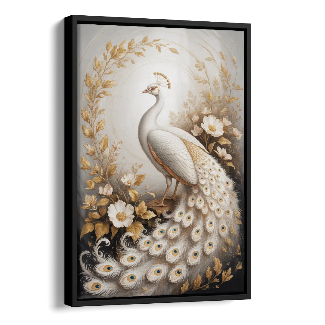 Regal Peacock Splendor White and Gold Side - Black Canvas Wall Art