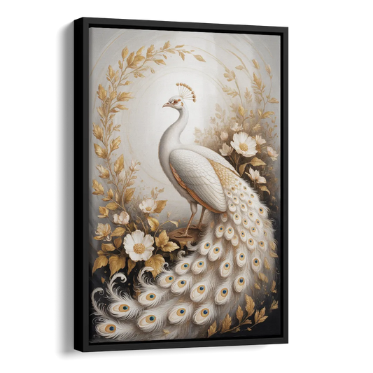 Regal Peacock Splendor White and Gold Side - Black Canvas Wall Art