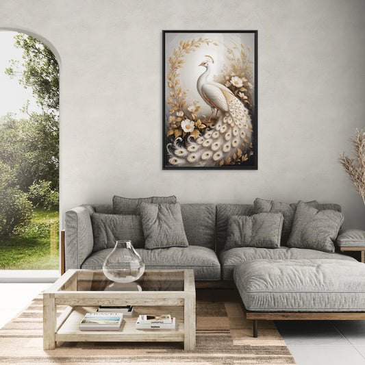 Regal Peacock Splendor White and Gold - Living Room Black Frame Canvas
