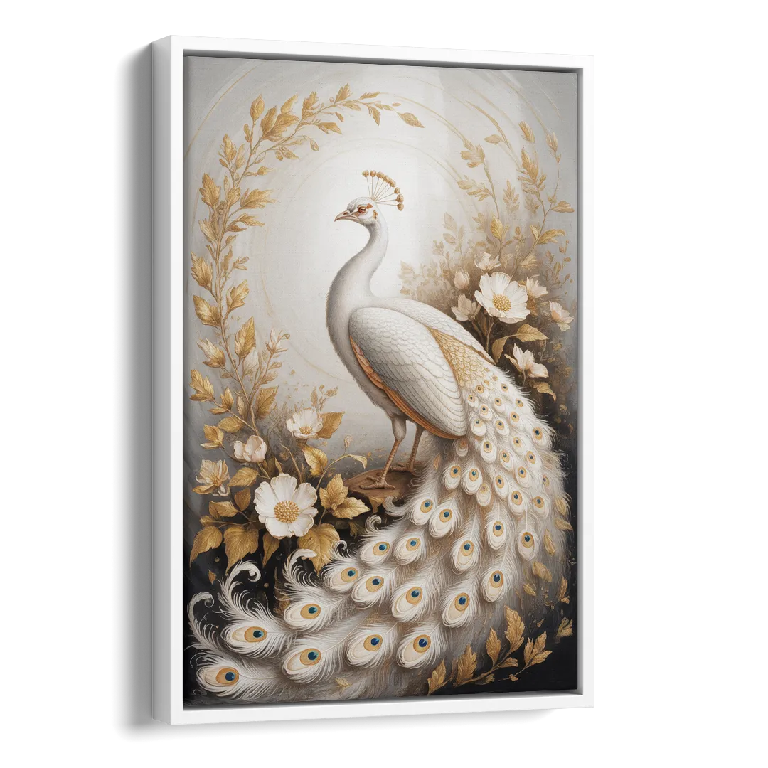 Regal Peacock Splendor White and Gold Side - White Canvas Wall Art