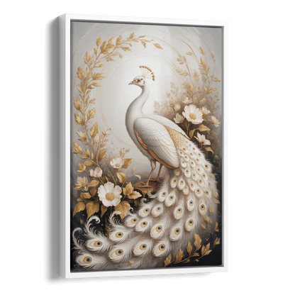 Regal Peacock Splendor White and Gold Side - White Canvas Wall Art