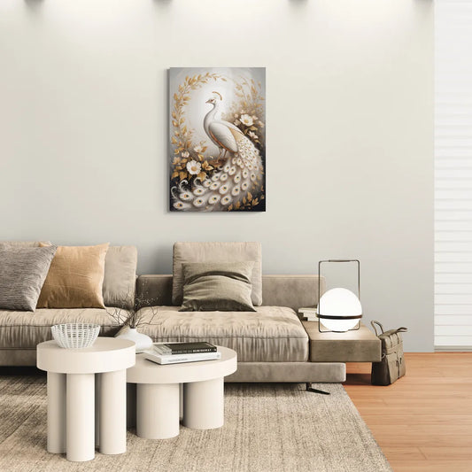 Regal Peacock Splendor White and Gold - Canvas Wall Art Living Room