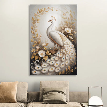 Regal Peacock Splendor White and Gold Living Room - Canvas Wall Art