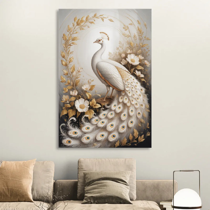 Regal Peacock Splendor White and Gold Living Room - Canvas Wall Art