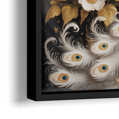 Regal Peacock Splendor White and Gold - Close-Up Black Frame Canvas