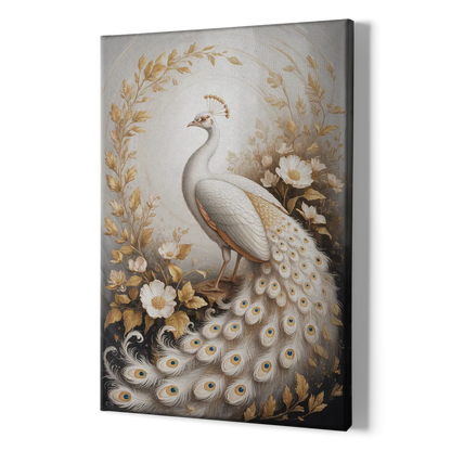 Regal Peacock Splendor White and Gold - Canvas Print Art Sides