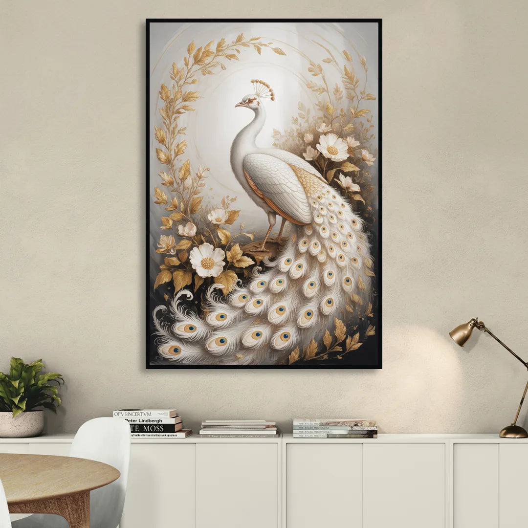 Regal Peacock Splendor White and Gold Living Room - Black Canvas Wall Art