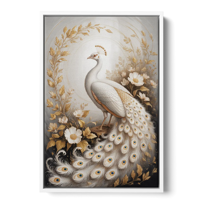 Regal Peacock Splendor White and Gold - White Frame Canvas