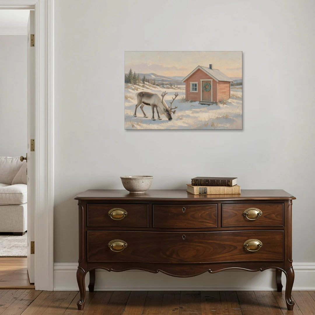 Reindeer Grazing by a Red Nordic Cabin - Canvas Wall Art - Coffee Table - 36x24