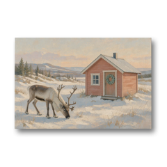Reindeer Grazing by a Red Nordic Cabin - Canvas Wall Art - Front