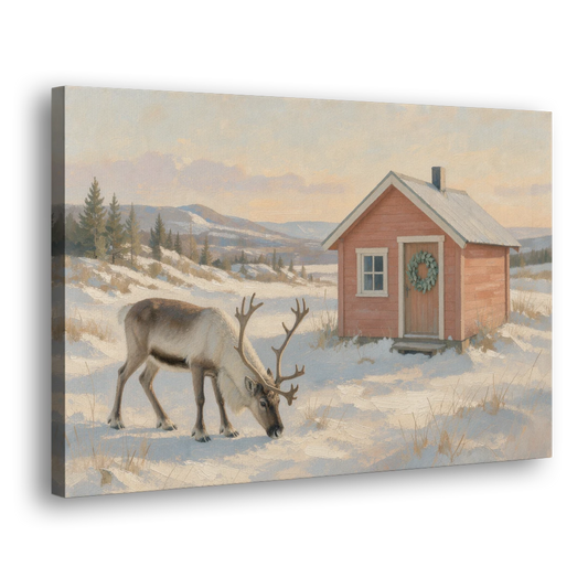 Reindeer Grazing by a Red Nordic Cabin - Canvas Wall Art - Side