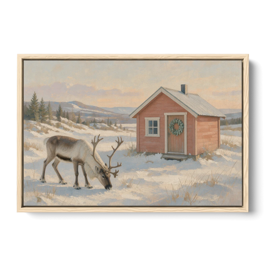 Reindeer Grazing by a Red Nordic Cabin - Oak Framed Canvas Wall Art - Front